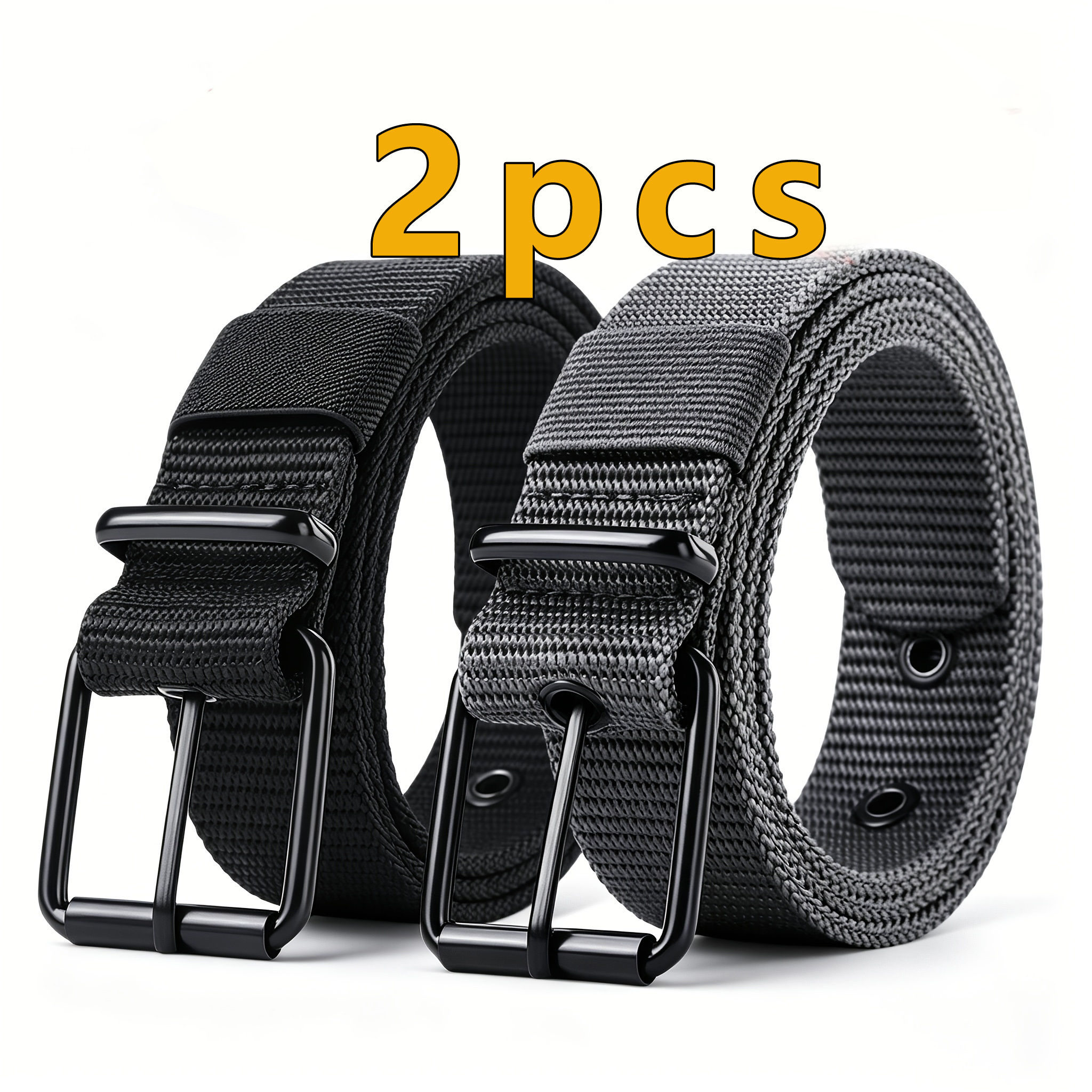 TEMU 2- Pack Men's Work Belts, Matte Black Metal Pin Buckle, Adjustable Perforated Waist Belt, Breathable Webbing, Durable For Work, Hiking, Jeans,