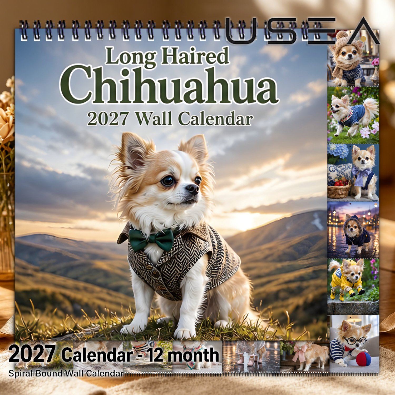 TEMU Calendrier mural 2027 grand chihuahua à poils longs inscriptible - Reliure spirale à double fil métallique, convient pour | Agenda mensuel 12