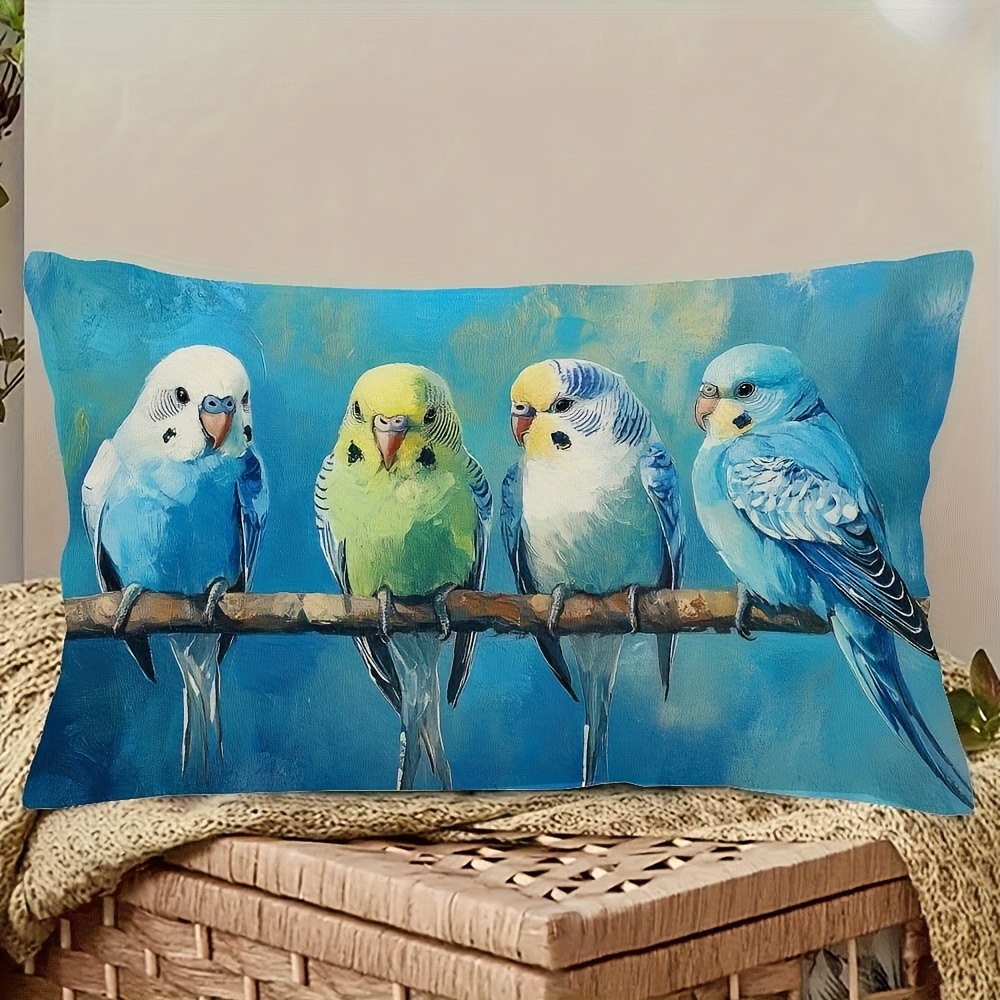 TEMU 1pc Bohemian Blue Budgie Decorative Pillow Case Suitable For, Zipper Closure Cover, Machine Washable Contemporary Bird Print Sofa Bed Chair
