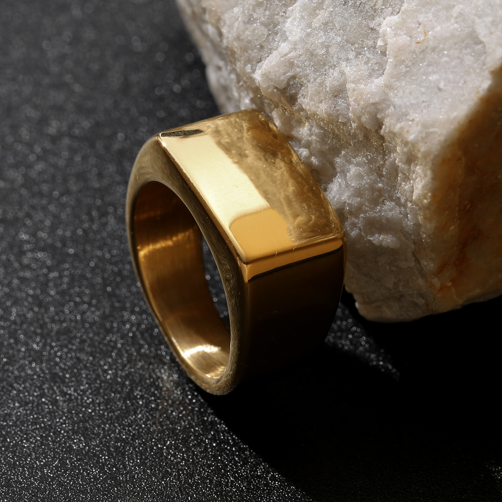 Image of 1pc 304l 304l Stainless Steel Black Golden And Silvery Polished Square Beveled Signet Ring Minimalist Luxury Men's Ring Men's Ring Ring Gift 304l 304l Stainless Steel Jewelry, Without Battery
