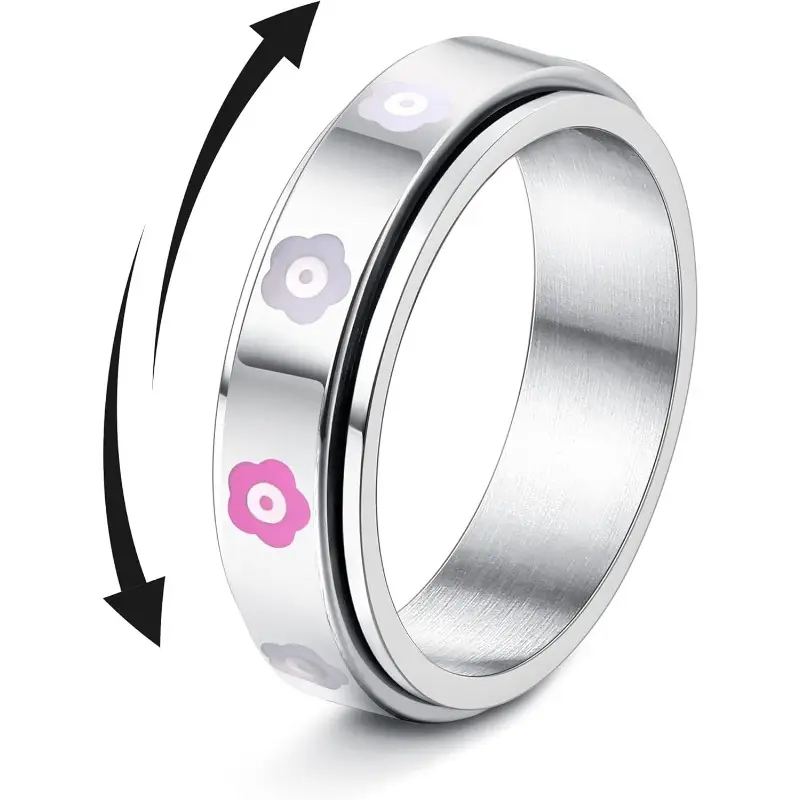1pc stainless steel spinner rings for anxiety fidget band rings for women men flower happy face ring stress relieving reduce anxiet Product details 6