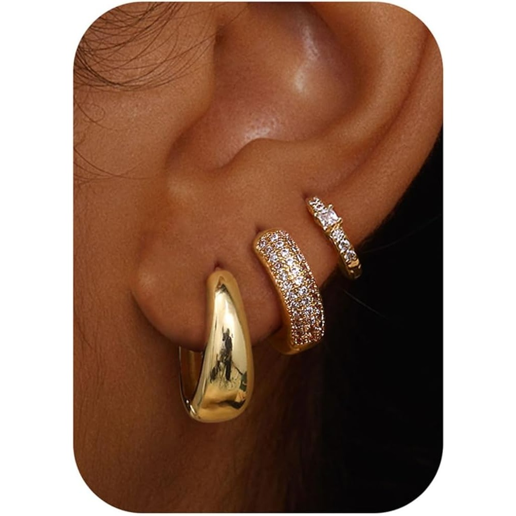 Image of 3pairs Small Chunky Hoop Earrings For Women | Hypoallergenic, Non Tarnish, Elegant And With Copper Alloy Plating And Synthetic Zirconia, Lightweight For Sensitive Ears And Multiple Piercing