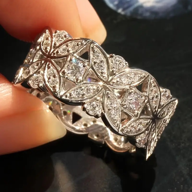 Women's Wide Band Flower Ring with Zirconia