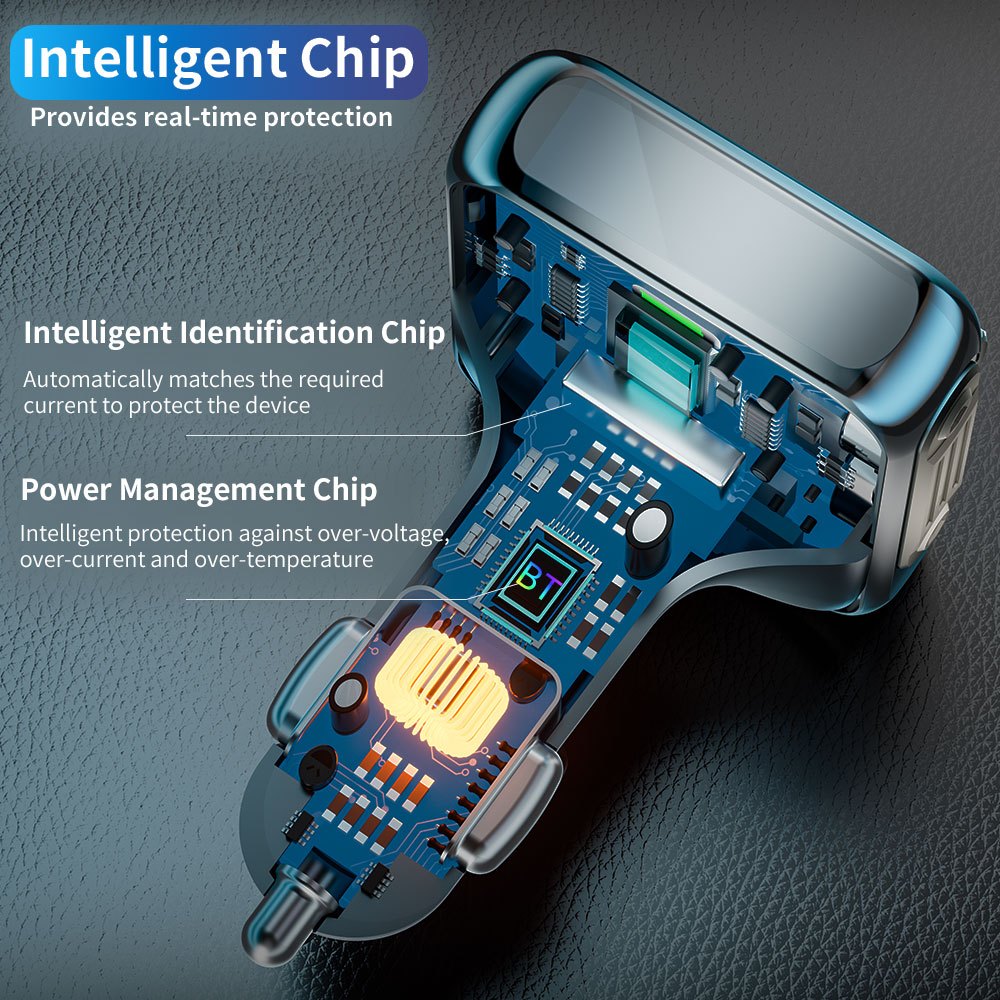 Безжичен музикален контролер за кола - FM трансмитер с черна ключалка, двоен USB и Type C бързо зареждане, Hi-Fi аудио, цветен дисплей, музикална светлинна лента, голям бутон и дизайн с двоен ролер, Hands-Free асистент