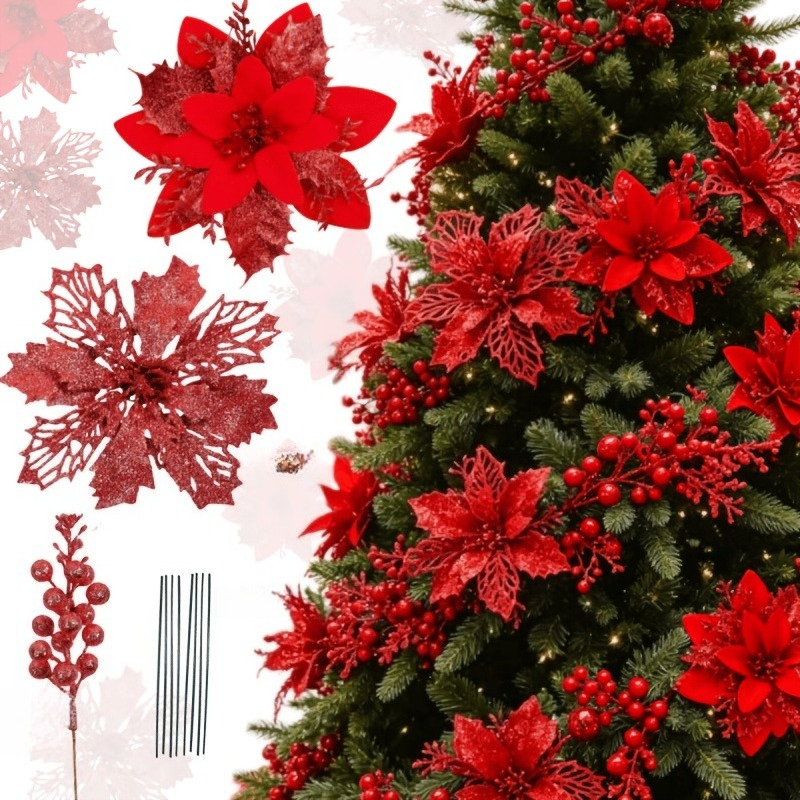 TEMU 30pcs, (12 Flowers And 6 Fruits And 12 Sticks) Premium Champagne Golden Christmas First-class Red Artificial Flowers And Sequined Decorations