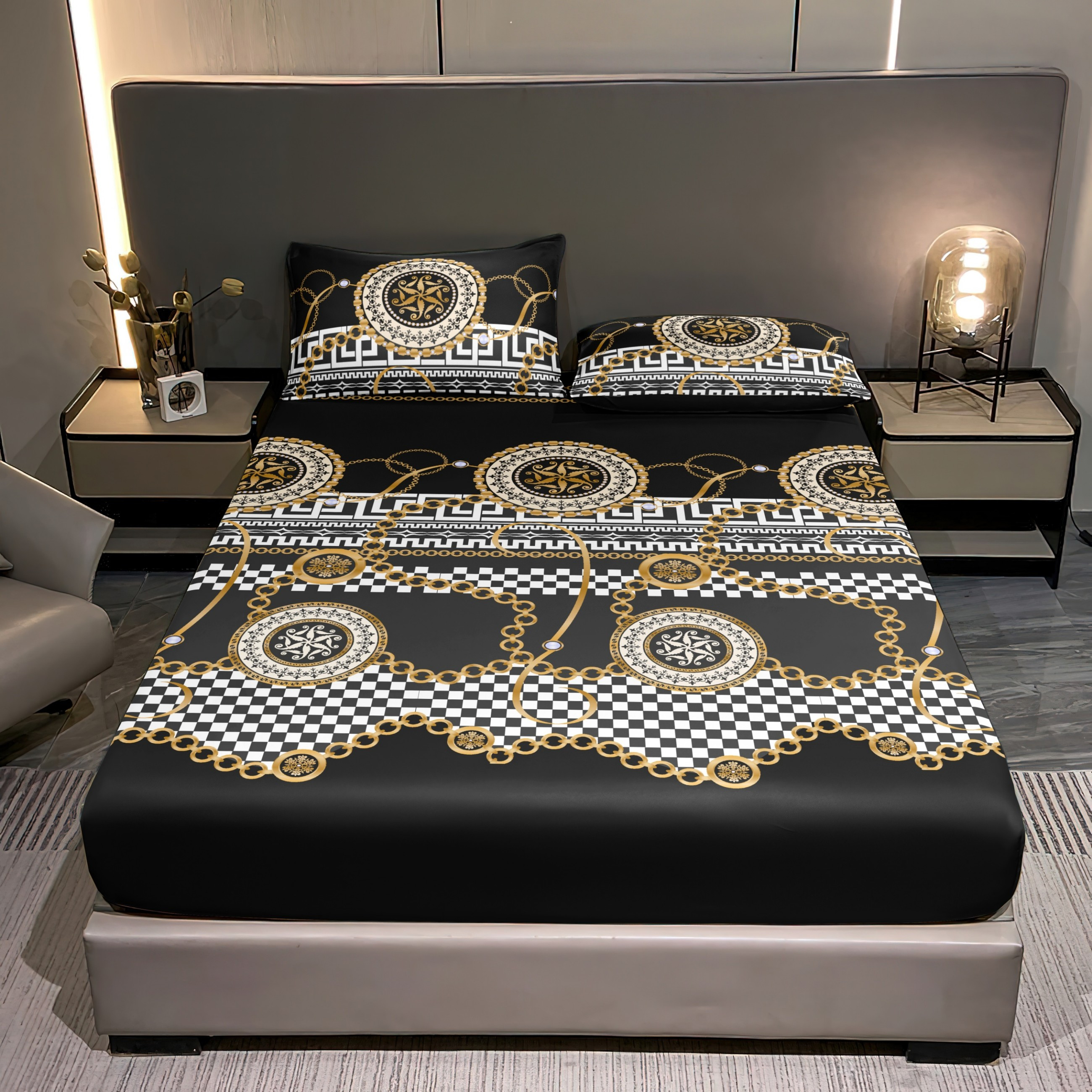 3pcs European Architectural Print Bedding (bed Skirt, Pillowcases), 1pc Elastic Fitted Sheet And 2pcs Pillowcases Included, Care - Decor