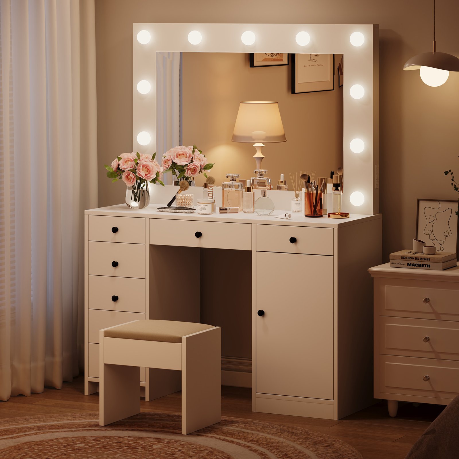 White Makeup Vanity With Mirror, Vanity Desk With 7 Storage Drawers And 1 Cabinet. Large Table Top, Space Saving, Home Organizer.