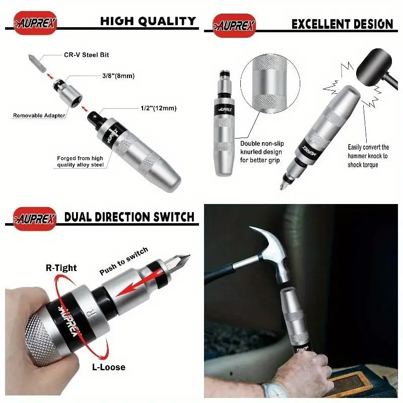 12pcs heavy-duty manual impact screwdriver set with reversible hammer - 201d steel construction, dual- switch & ergonomic handle, 12pcs slotted/phillips/hex bits for rusty fasteners, bolts, nuts - ideal for diy, construction, automotive, home & - no power required, construction tools, automotive repair, , durable construction, highstrength material, sturdy build, hand tool kit, construction workers, professional mechanics Product details 0