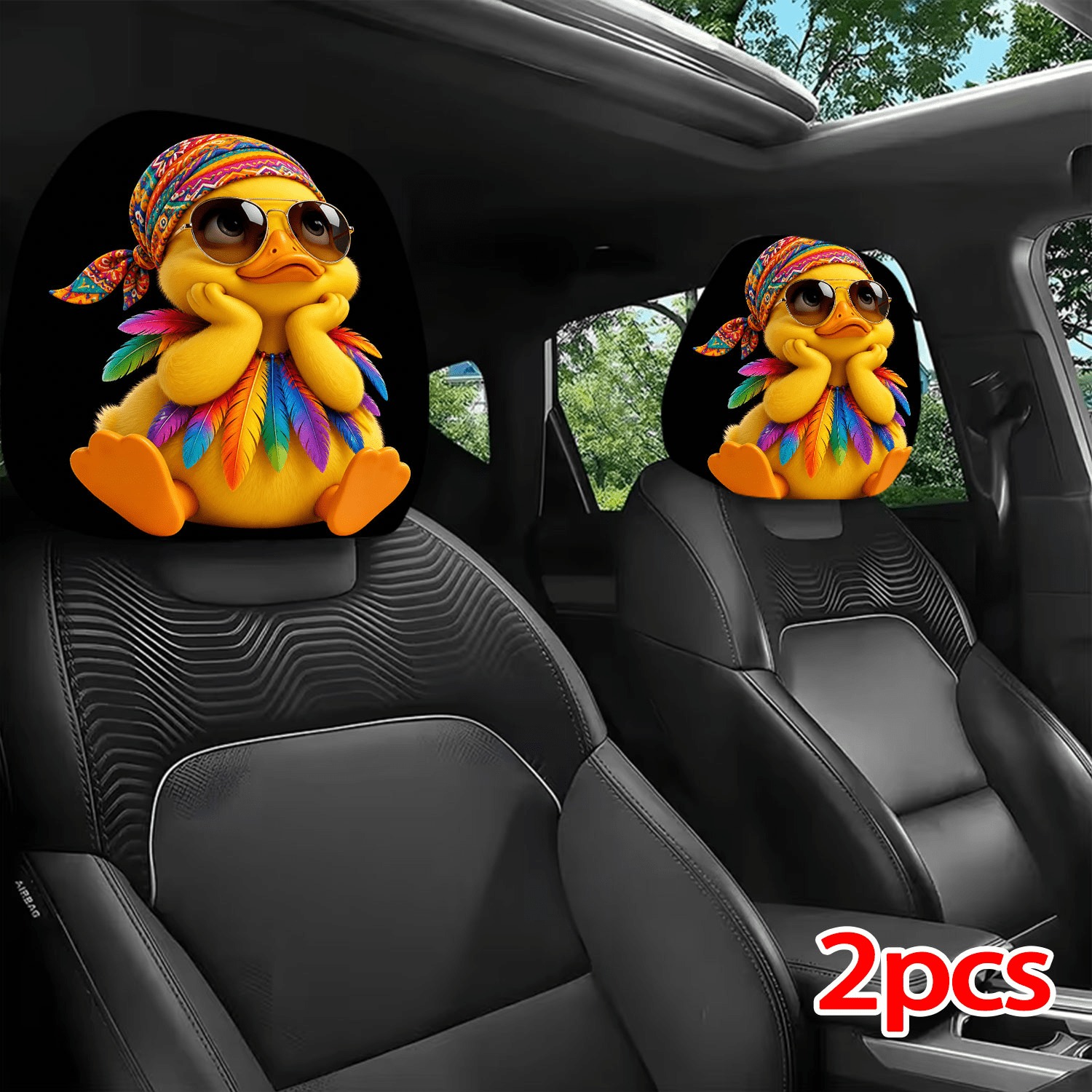 TEMU 2pcs 2d Printed Car Headrest Covers, Elastic Universal Fit, Cute Cartoon Duck Wearing Fashion Glasses With , Fun Interior Accessory, For Holiday