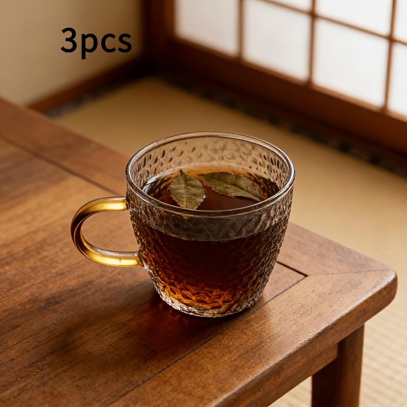 TEMU Juego de 3 tazas de vidrio martillado - Vidrio de borosilicato de resistencia, amarillas con asa, para /té Fu, tazas pequeñas/tazas de té/tazas