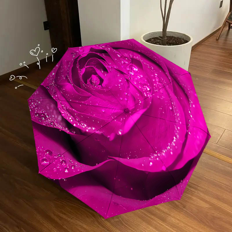 1pc Rose Petals Waterdrops Umbrella - 8-Rib Frame, Automatic Open Compact Travel Umbrella, Lightweight Durable Fashion Gift for Outdoor Use, Perfect for Halloween & Christmas accessories-C728045