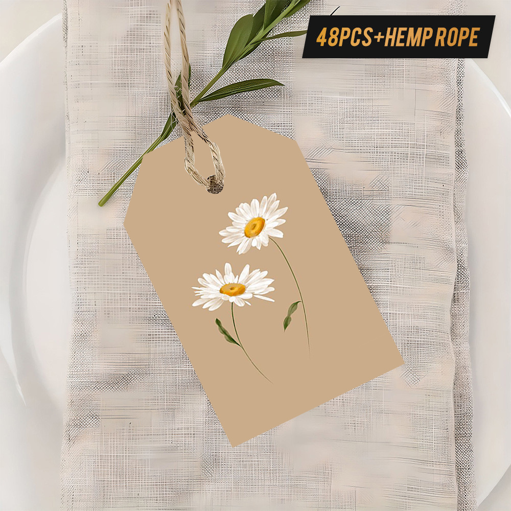 TEMU Set de 48 Etiquetas de Flores con de Cáñamo, Mostrando Blancas en un Diseño Realista, para Regalos, Decoración del Hogar, Proyectos y Más,