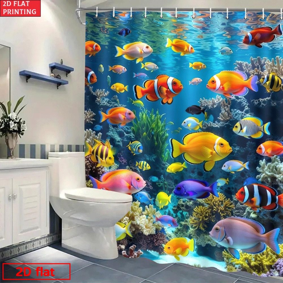 TEMU 2d Flat, 2d Flat Printing Shower Curtain, 1pc Shower Curtain Decor, Elegant Bathroom Decor For Home And Hotel