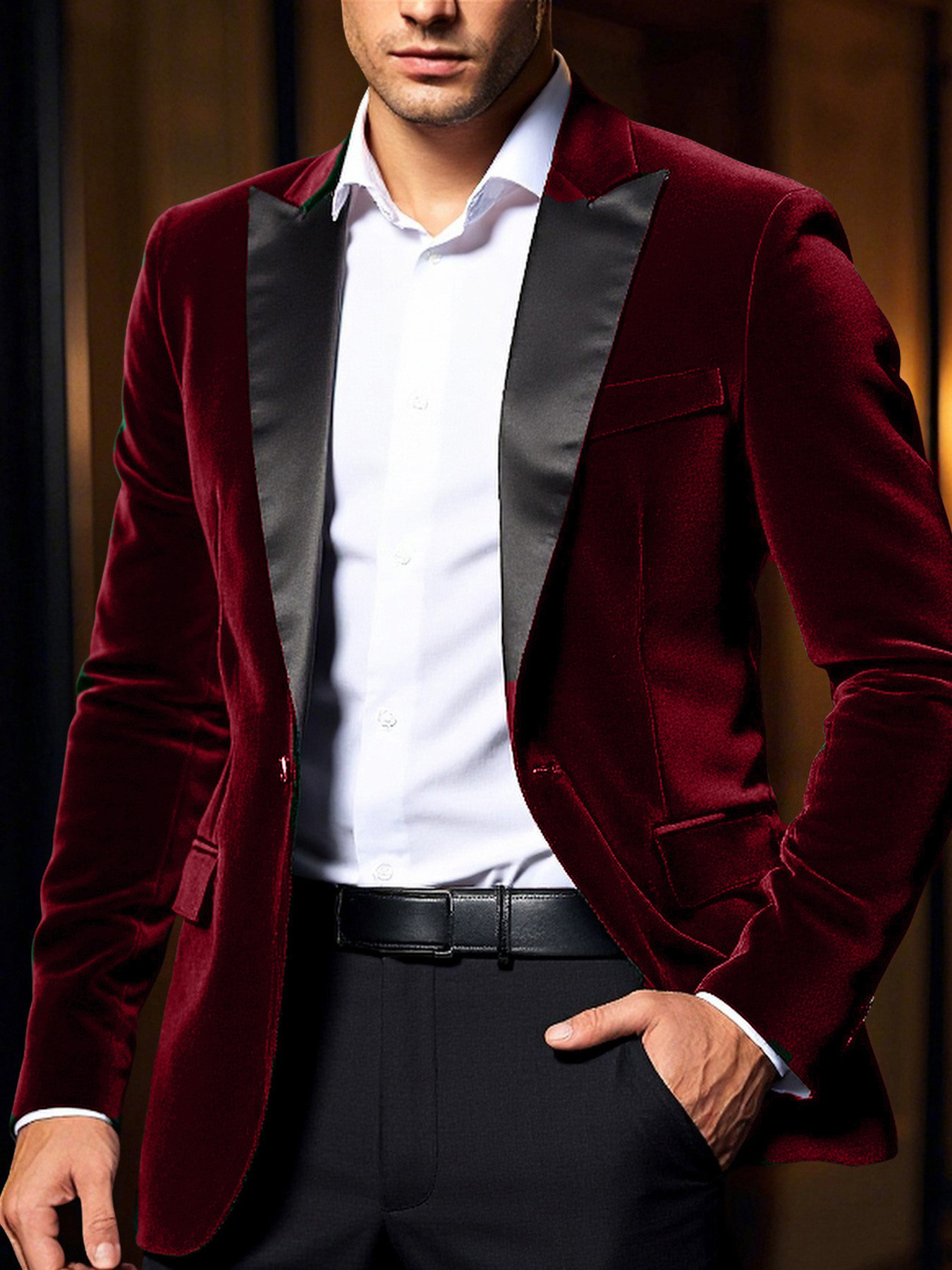 2025 Spring Men S Casual Loose Fit Single-Breasted   - Solid Color Notch Lapel Jacket with Pockets, Regular Fit for Teens & Young Adults, Spring/Fall Versatile Outerwear, Spring Outerwear, Notch Lapel Design, Nonstretch Fabric, Elegant Coat For Men, Elegant   For Men With Velvet, Blue Velvet Coat For Men, Burgundy Suit For Men, Tuxedo, Velvet Suit For Men, Elegant Smoking For Men