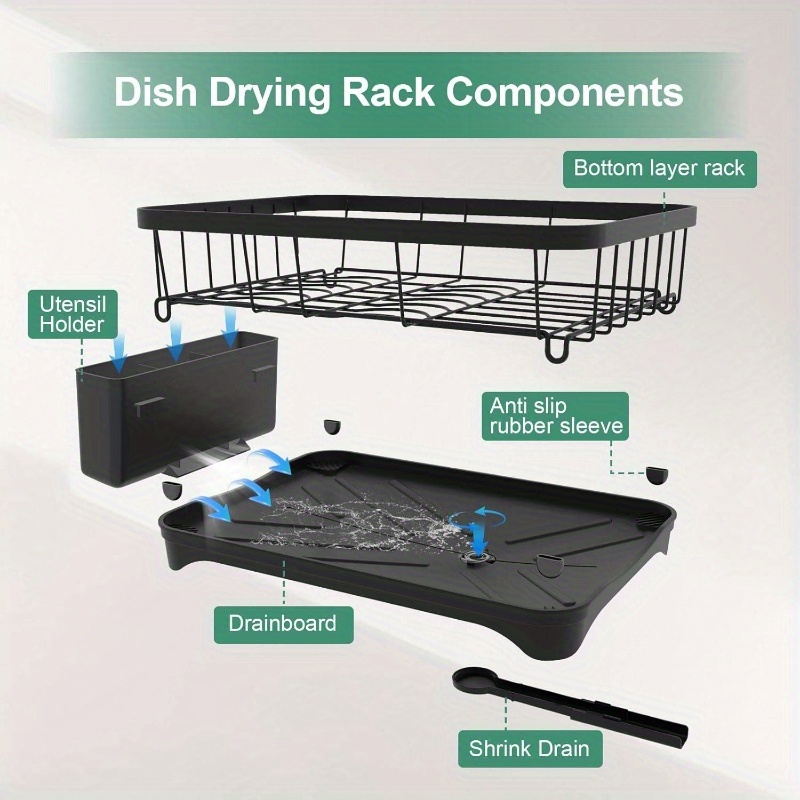 large capacity single tier dish drying rack with utensil holder & cutlery tray - space-saving countertop organizer,   kitchen counter dish drainer for plates, bowls, cups, utensils -   for small kitchens, dish drying rack for kitchen counter, utensil storage, modern kitchenware, sturdy construction, home cooks, food safety, small spaces, families, cooking enthusiasts Product details 6
