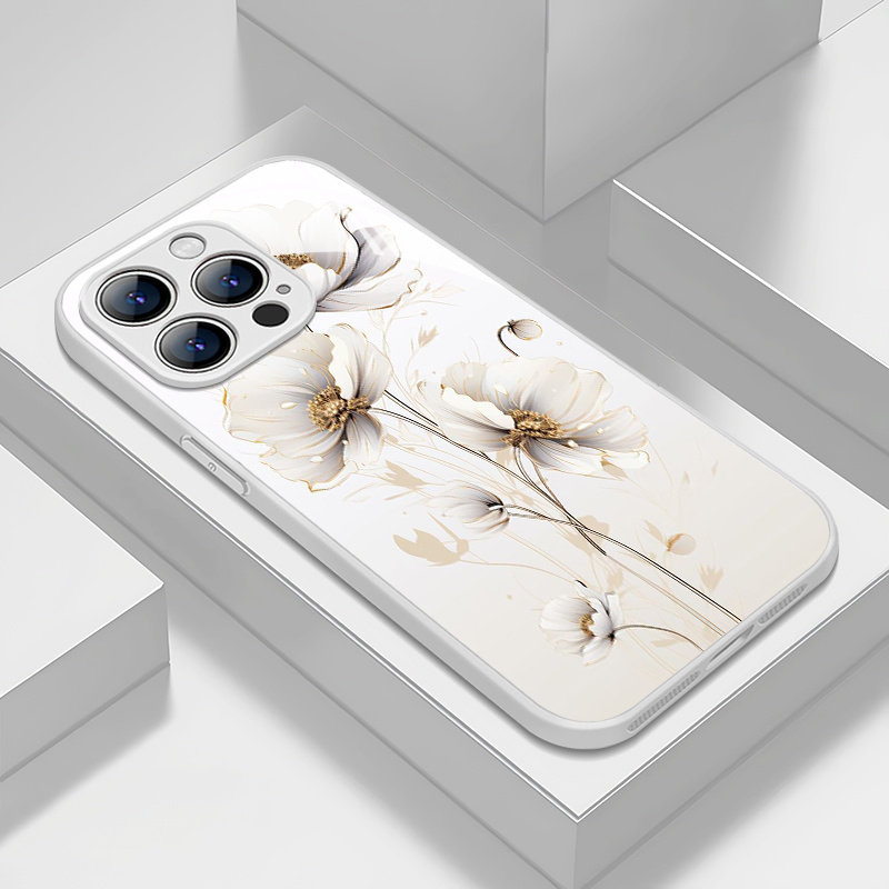 TEMU Phone Case: Fashion Minimalist Floral Pattern Tempered Glass Phone Case For Iphone 16/16pro/16promax/16plus/15/15plus/15pro/15promax,