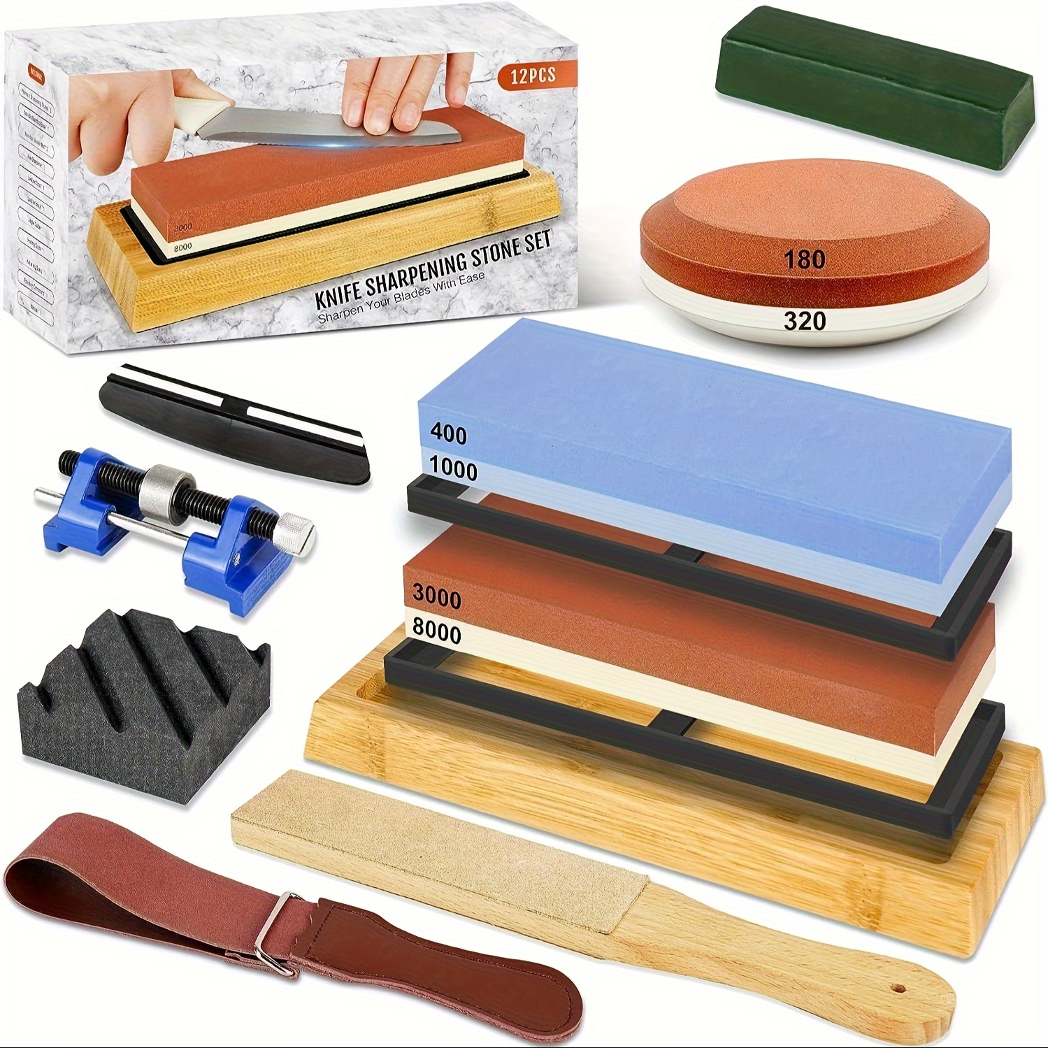 Image of Professional 12pcs Knife Sharpening Stone Kit - Dual Grit 400/ 1000 And 3000/ 8000 White Aluminum Oxide Stones With Non-slip Base, Angle Guide And Stone Flattener