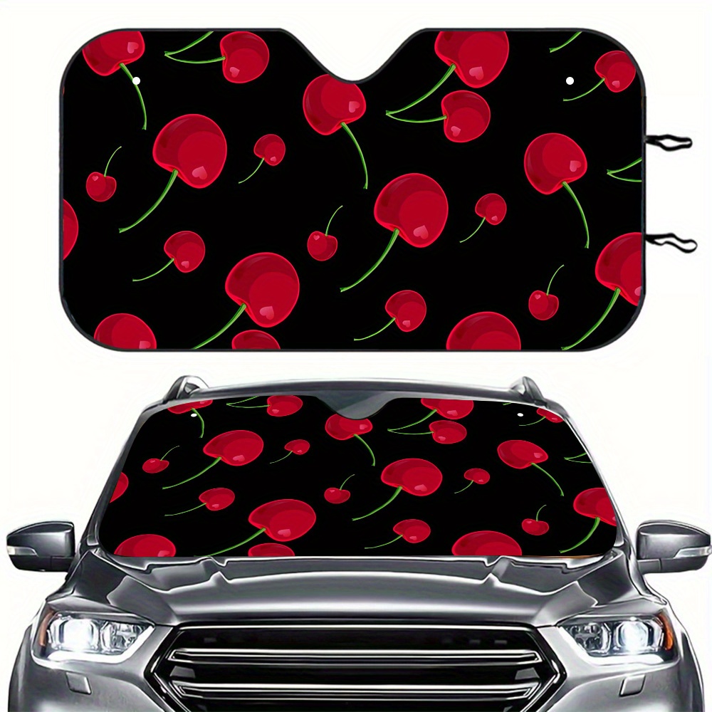 TEMU 1pc Cherry Design Car Windshield Sun Shade - Foldable Uv & Heat Protection, 2 Free Suction Cups, & Storage, Durable Polyester Material For Cars,