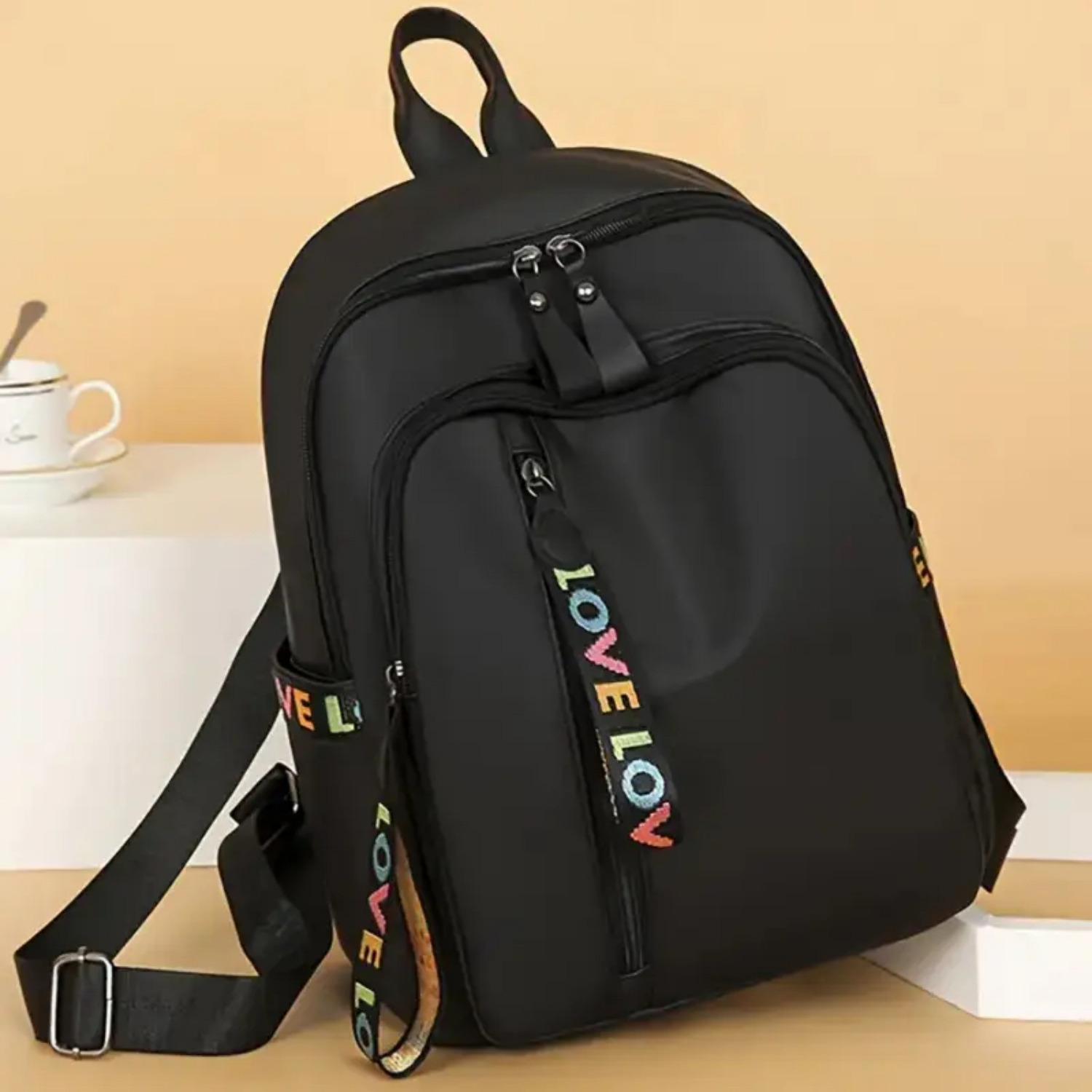 TEMU Stylish Black Hiking Backpack With Colorful Love Ribbon Design - Nylon 14-inch Large Capacity Travel Backpack For , Sporty Casual School Bag With Practical Pockets & Zipper Closure