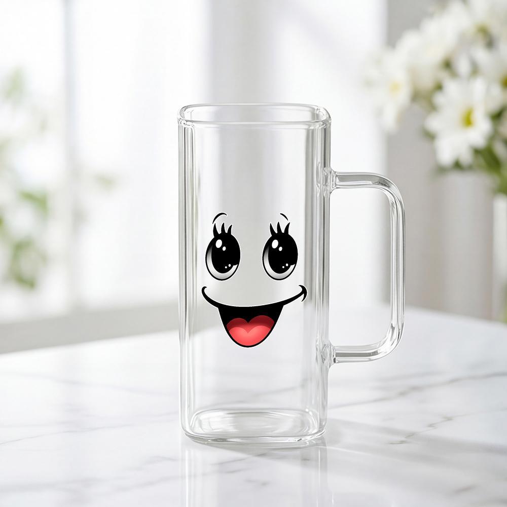 TEMU Square Glass Mug Featuring A Cartoon With Googly Eyes, Designed With A Cute Black, White, And Red Gradient Heart Tongue. This Clear, Reusable