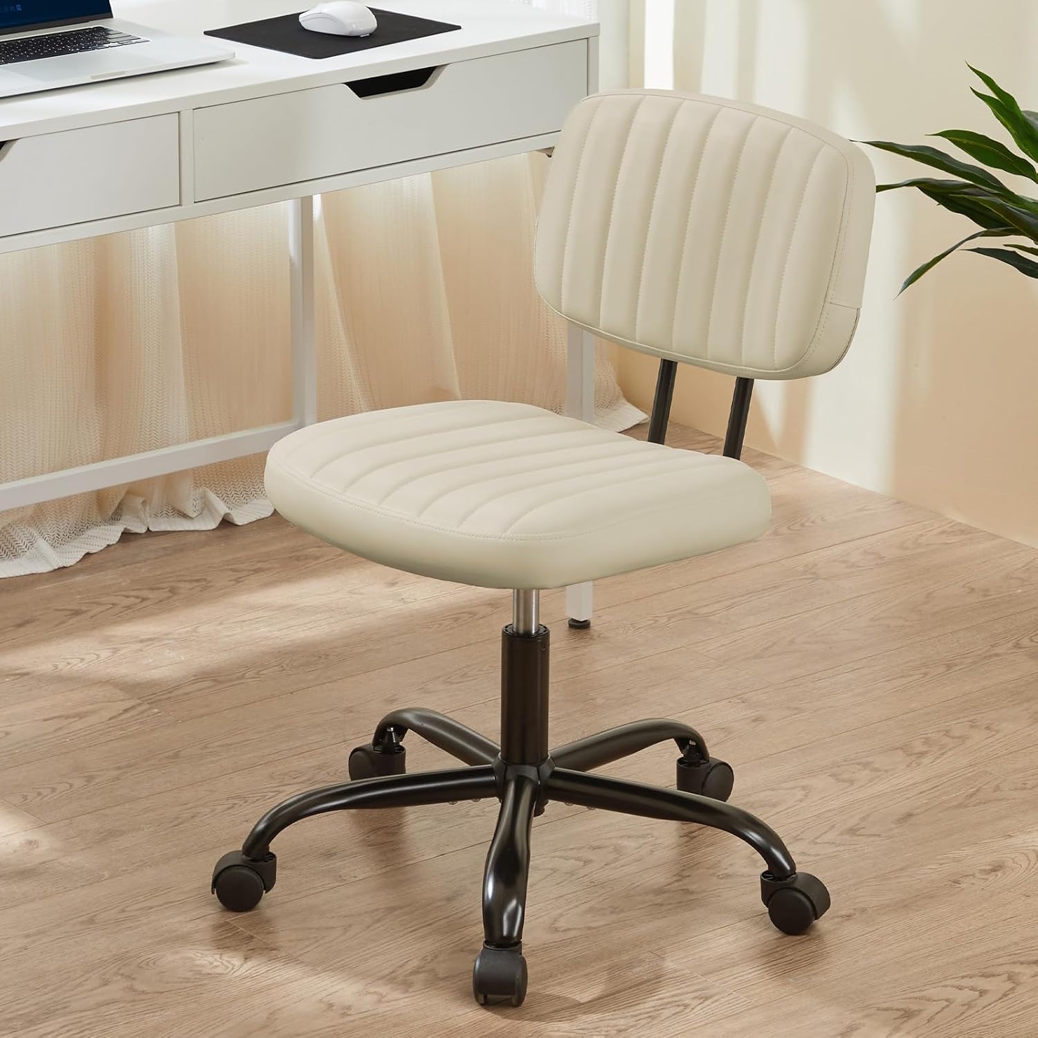 TEMU Small Office Desk Chair - Armless Pu Leather With Comfortable Lumbar Support, Height Adjustable Rolling Swivel Task Chair For Adults, Students,