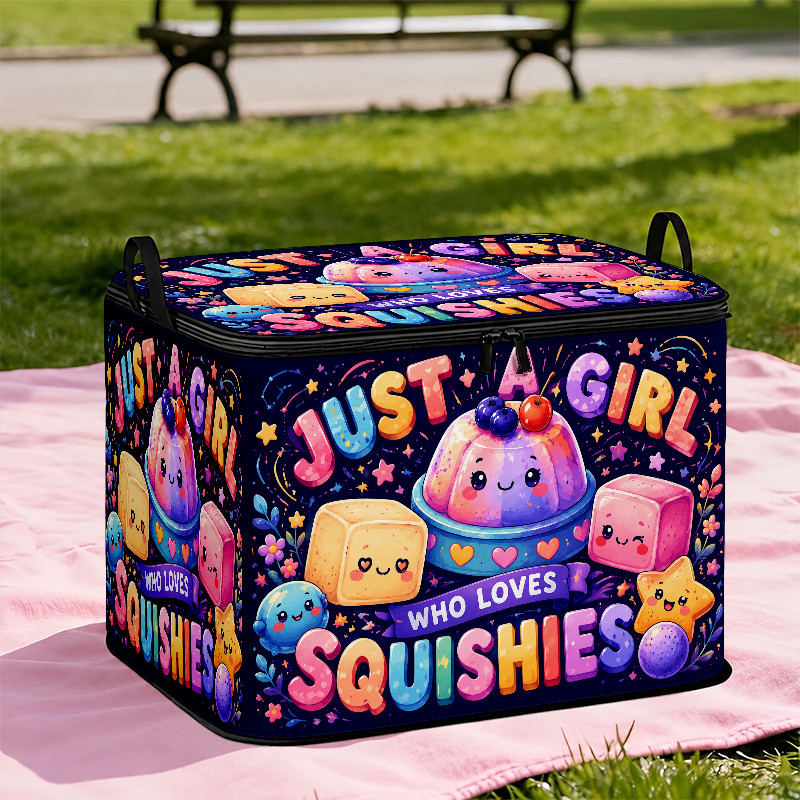 TEMU [ ] 2d Flat Cute Soft Jelly Dessert-themed Storage Box - "just A Who Squishies" Fun Text With Stars, Hearts, And Cartoon Sweets Print,