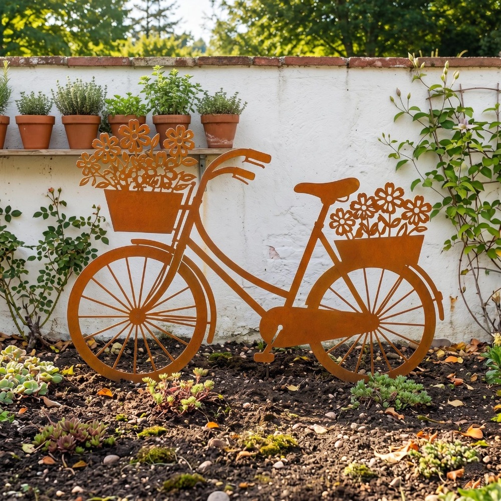 【2d Flat】 Rusted Metal Bicycle Garden Stake, Corten Flower Planter Art, Rustic Backyard Decor, Unique Housewarming Gift For Gardener