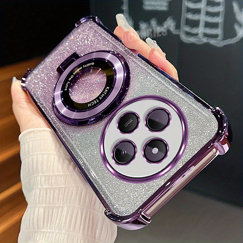 TEMU Phone Case: Pococ75 Luxury Ring Folding Bracket Stylish Plating Holder Stand Gradient Glitter Shockproof Phone Case For Xiaomi Poco C75 Tpu