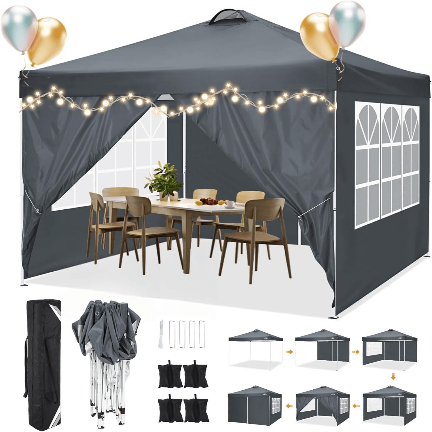 TEMU Tente d'extérieur pop-up 3×3M, tente pare-soleil, facile à installer, 3 hauteurs réglables, ventilation de toit, 4 sacs de sable, sac de