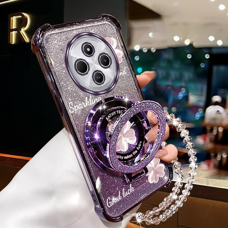 TEMU Phone Case: Luxury Clover Wrist Strap Magnetic Glitter Phone Holder Case On For Xiaomi Redmi 14c Redmi14c 4g Anti-knock Shock Proof Stand Back