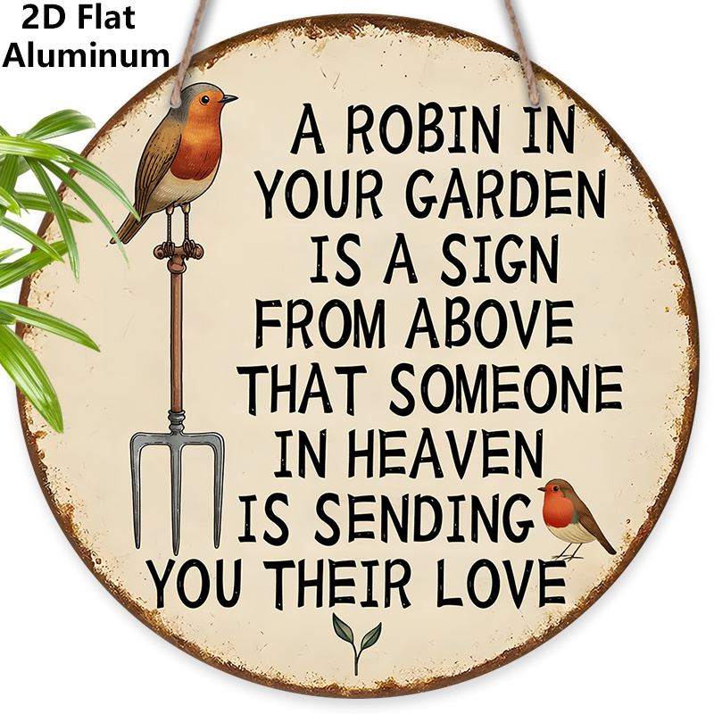 TEMU Decoración de Pared de Jardín Redonda 2D , 1 Pieza - "Robin en Tu Jardín" del Cielo - Letrero de Vintage para Exterior, Regalo de Simpatía