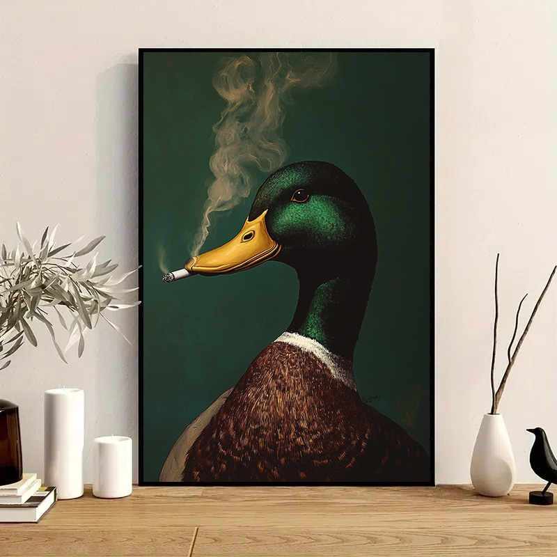 Realistic Mallard Duck Smoking a Cigarette Canvas Wall Art - * Background,  Wrapped Canvas Frame, Art *