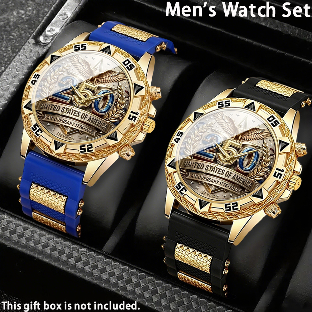 2pcs Men's Watch Set, Usa 250th Anniversary 1776-2026 Design, Luxury With Blue/black Silicone Strap, Casual Sports Quartz Watch, Watch For Men, Great Gift For Boyfriend, Husband, Reloj Para Hombre.
