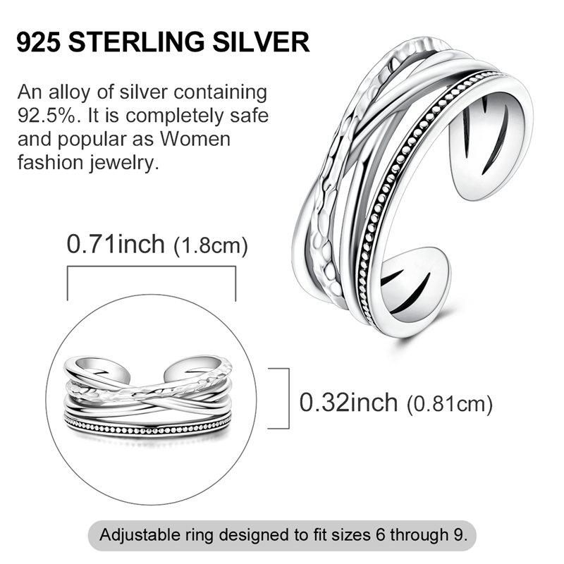 Women's 925 Silver Multi-Layer Texture Open Ring, Elegant Design
