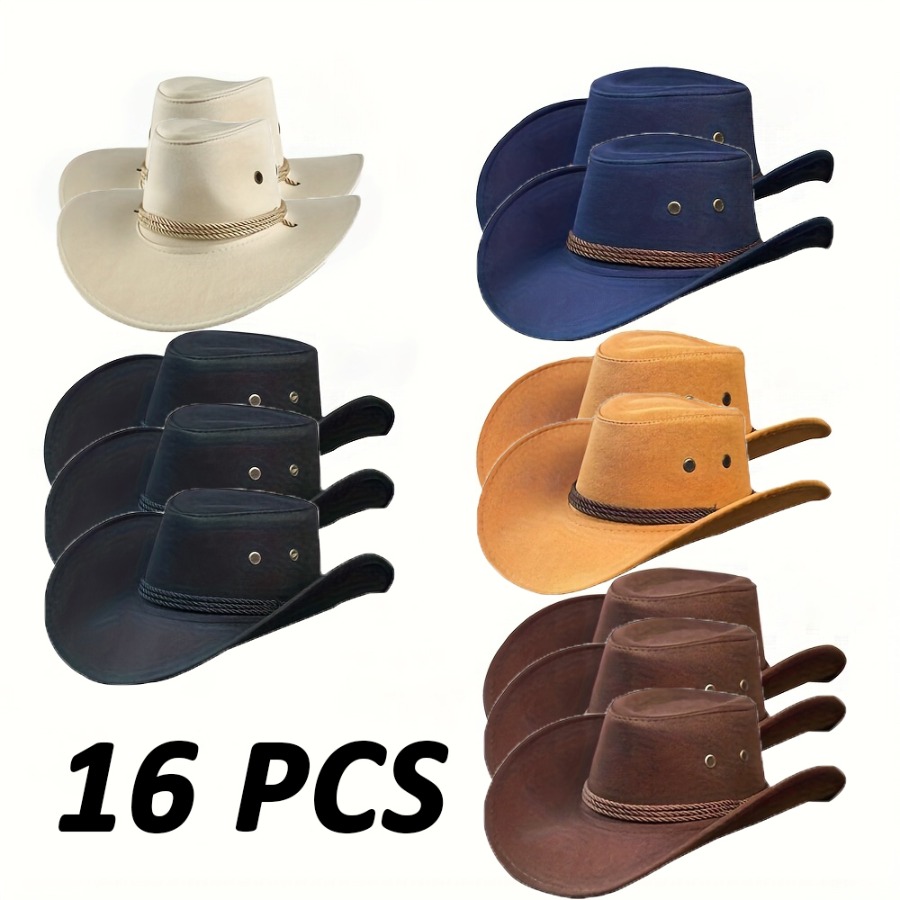 TEMU 16 Assorted Western Cowboy Knotted Rider Hats - Vintage Lightweight Breathable Solid Color Unisex Sun Hats With Elastic Band, Suitable For Men