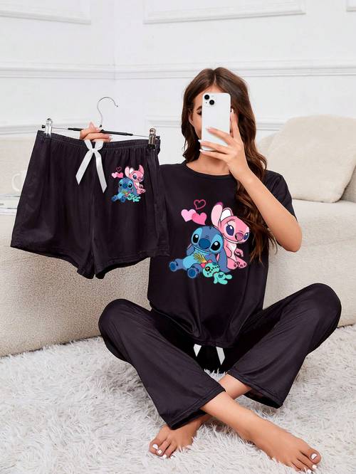 print womens pajama set cozy 3pcs with black shorts shorts pants bow detail casual crew neck sleepwear pajamas cartoon print pajamas polyester blend pajamas