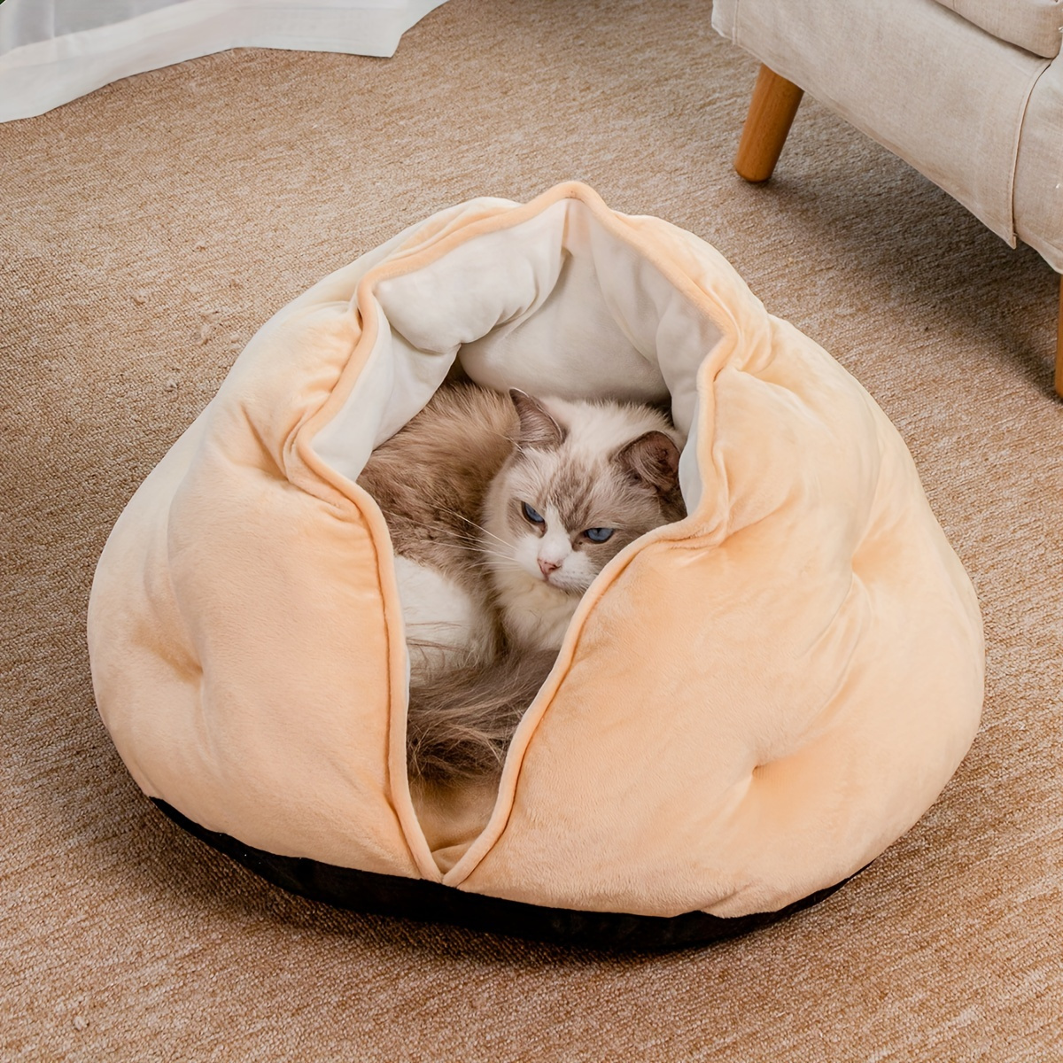 cozy plush khaki pet bed for cats small dogs thick warm soft polyester nest with full coverage design   for medium sized pets durable easy clean indoor bedding bed for   owners   fabric home pets Product details 0