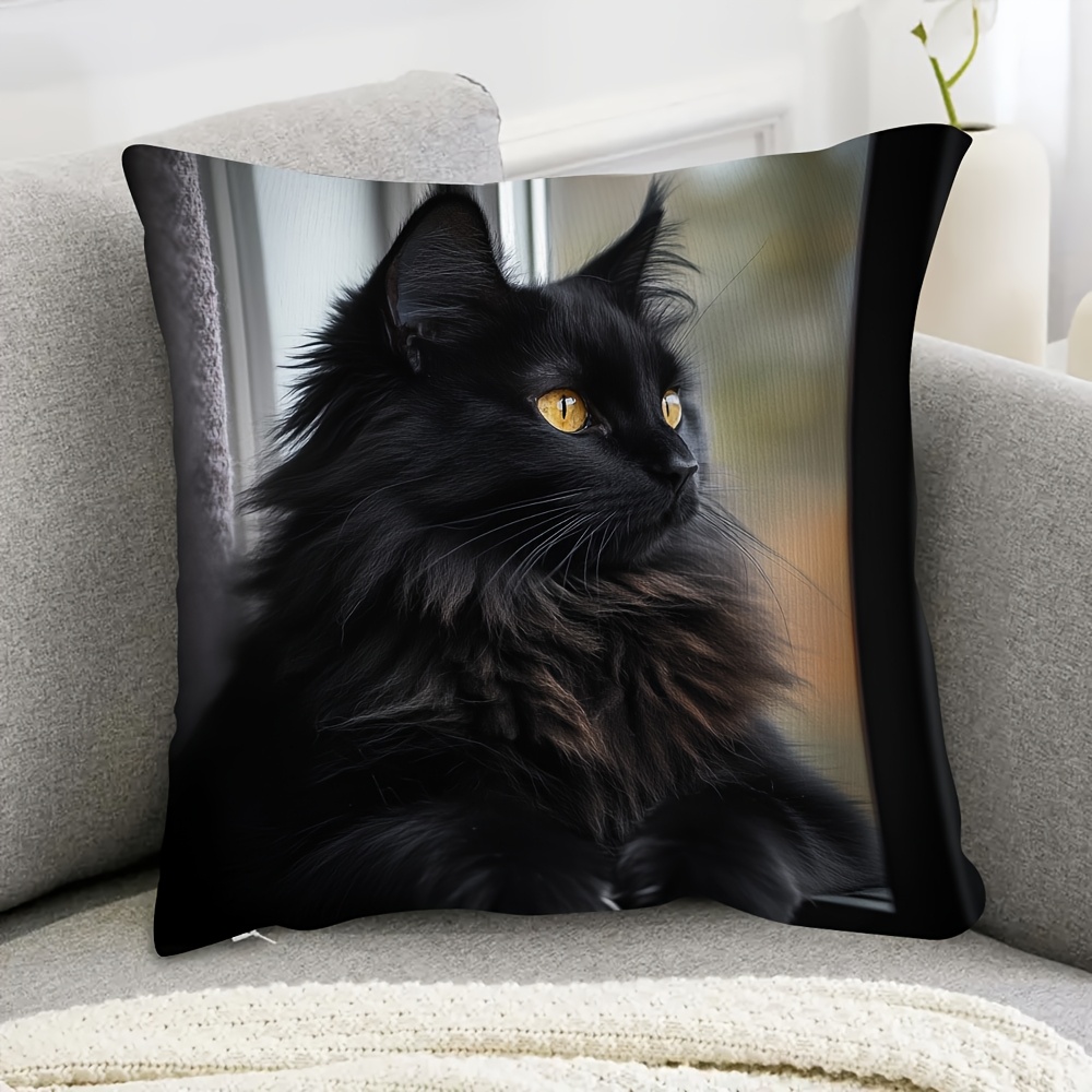 TEMU 1 pièce Housse de Coussin 45,72 cm X 45,72 cm, Imprimé Chat Maine Coon Noir Pur, Unilatéral, Fermeture Éclair, Lavable en Machine, Décoration de