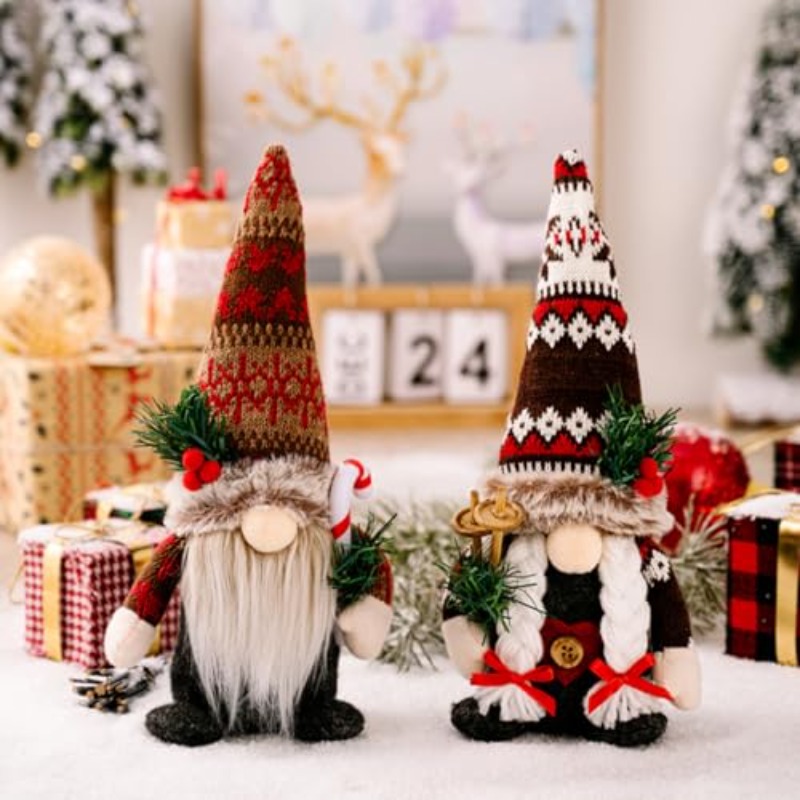 TEMU Set Of 2 Christmas Gnome Plush Dolls, Each 11 Inches Tall, Featuring A Couple With Knitted Hats, Holding A Pine Branch And A Candy Cane. Soft