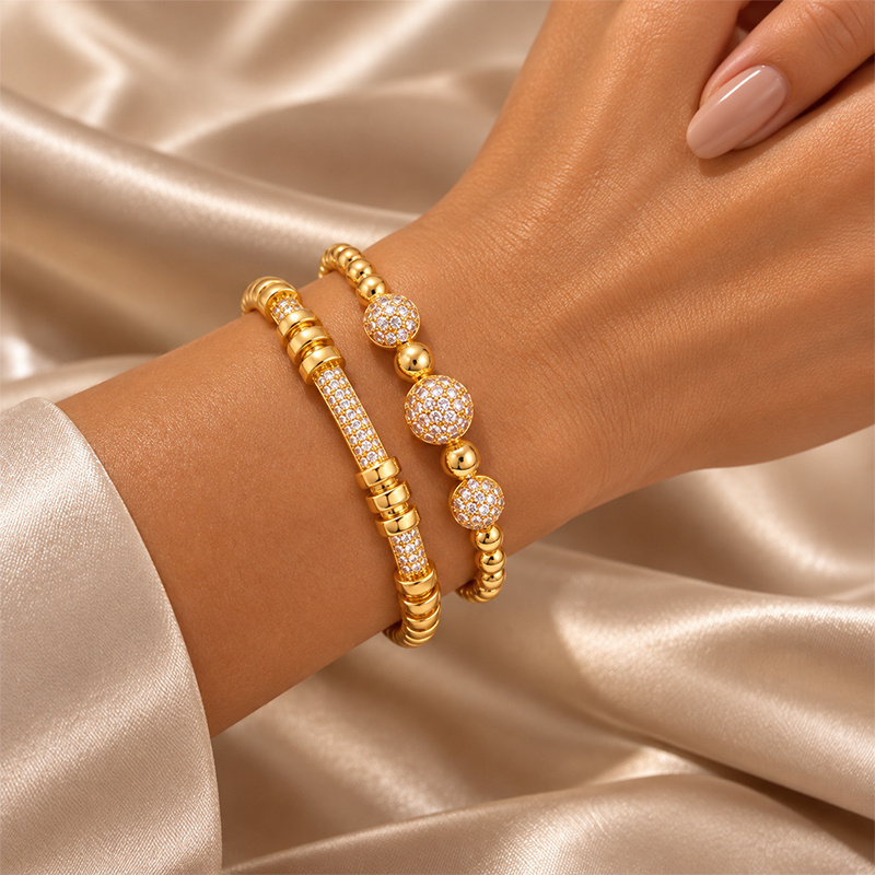 Unique V-pattern 4pcs Bangle Set, Mixed Bead & Inlaid Design