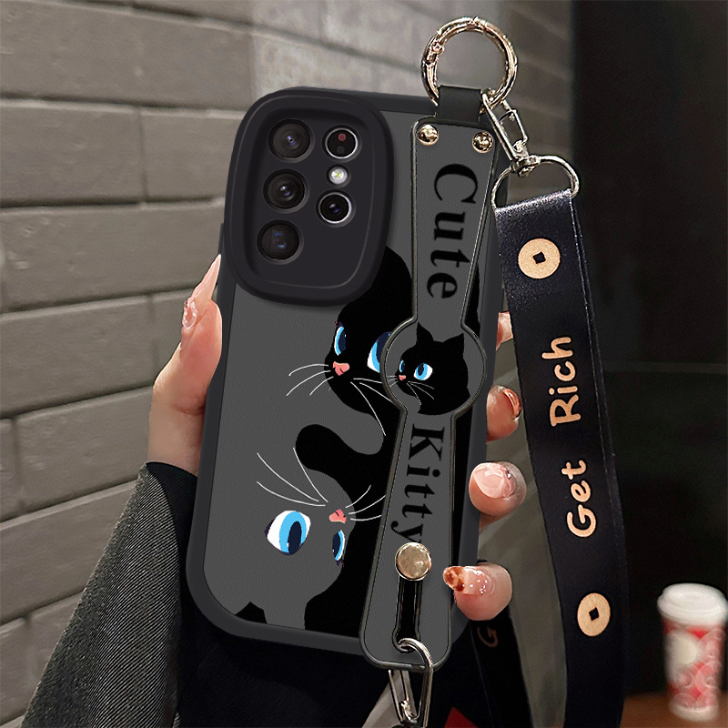 TEMU Phone Case: Hugging Cat Pattern Phone Case Suitable For Galaxy S25 S24 S23 S22 S21  S20 Ultra/plus/fe, Cute Cartoon Wrist Strap, Internet-famous
