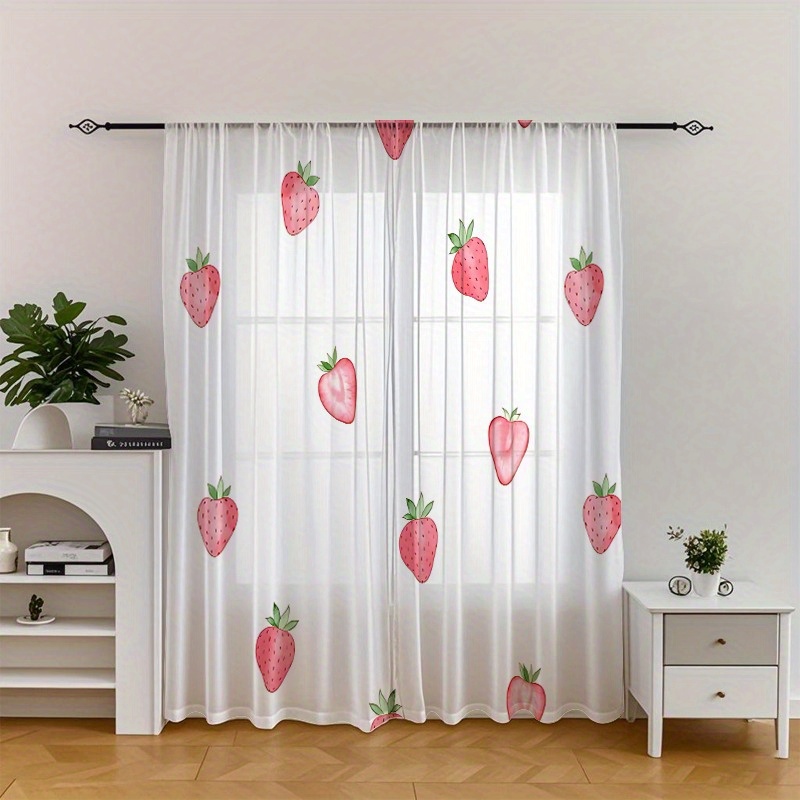 TEMU 2pcs Watercolor Strawberry Sheer Curtains - Rustic Floral Print 100% Polyester Light Filtering Rod Pocket Drapes For Living Room, Bedroom,