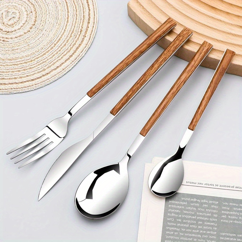 stainless steel flatware set 4 cutlery utensils set with simulated wooden handle   knives forks spoons service 4   polished and dishwasher safe silvery stainless steel cutlery set cutlery set stainless steel cutlery portable cutlery set stainless steel cutlery kitchen utensils home dining stylish utensils     steel rustresistant flatware collection knife   set restaurant supplies home cooks Product details 1
