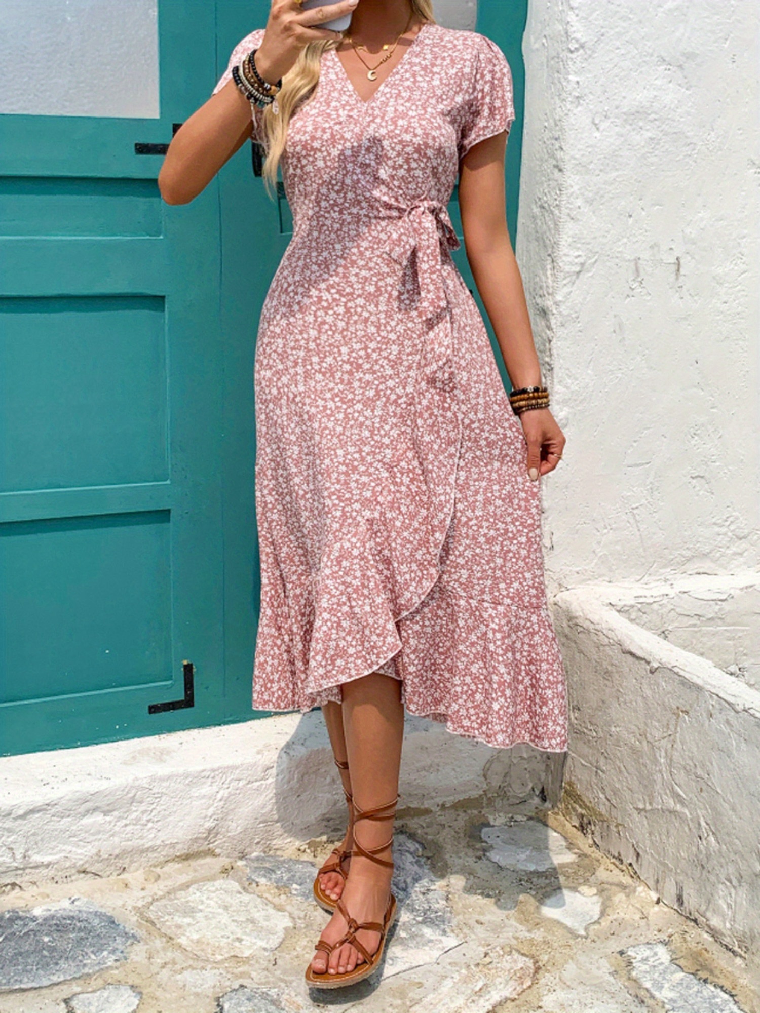 Women's Boho Floral Babydoll T-Shirt Dress - Loose Mini Dress With Keyhole Back (Pink, X-Small)