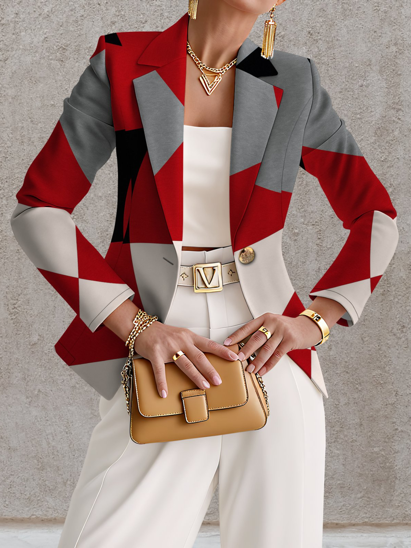 Women's Elegant Red/Black/White/Gray Geometric Houndstooth-like Blazer Jacket & Matching Suit - X-Line Tailored Collar, Single-Button Closure, Machine Washable Winter Coat for, Office, or Formal Events