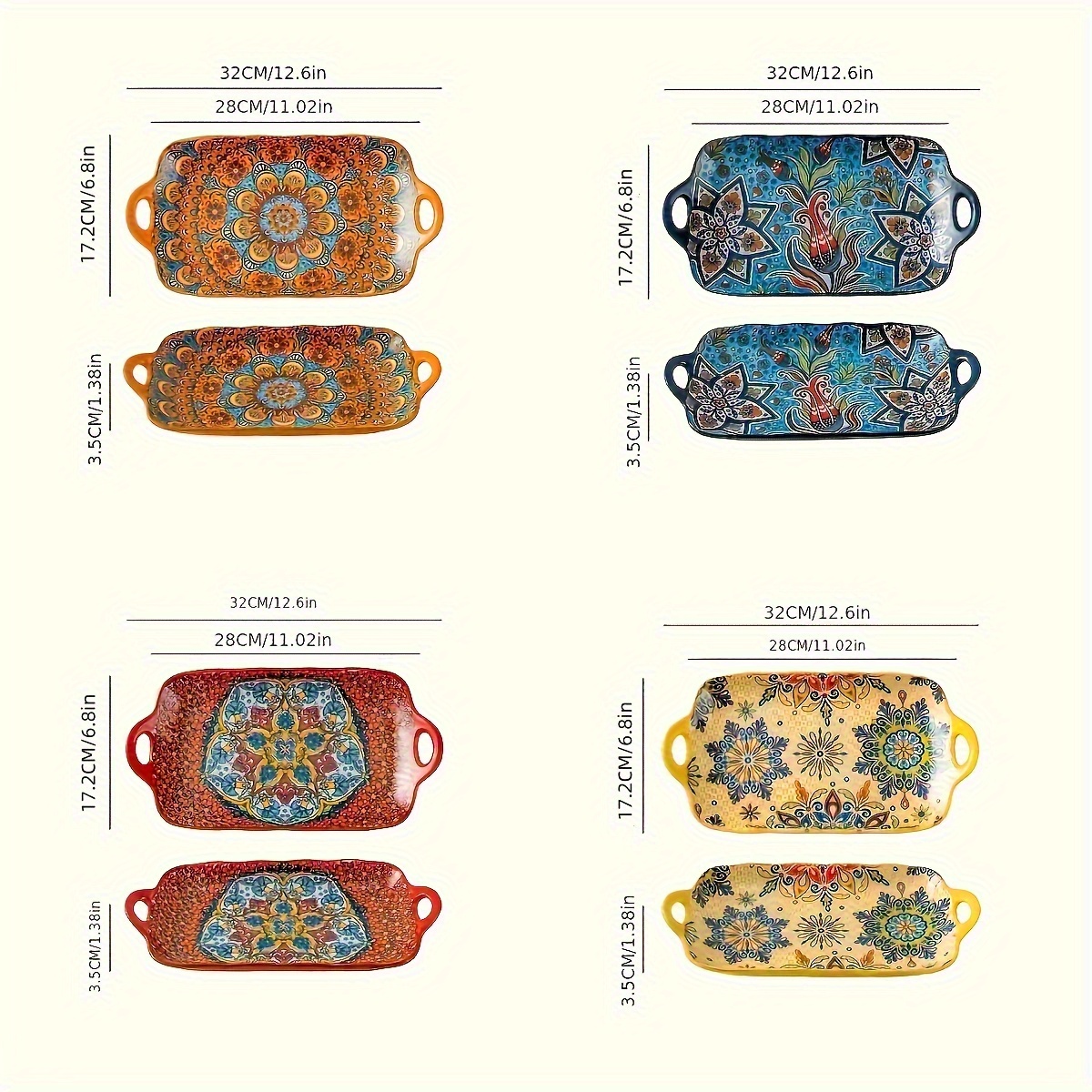 Image of Ntkow 1 Set Of 4pcs Bohemian Binaural Household Fish Steaming Plate High Horizontal Large Rectangle Ceramic Plate 13-inch