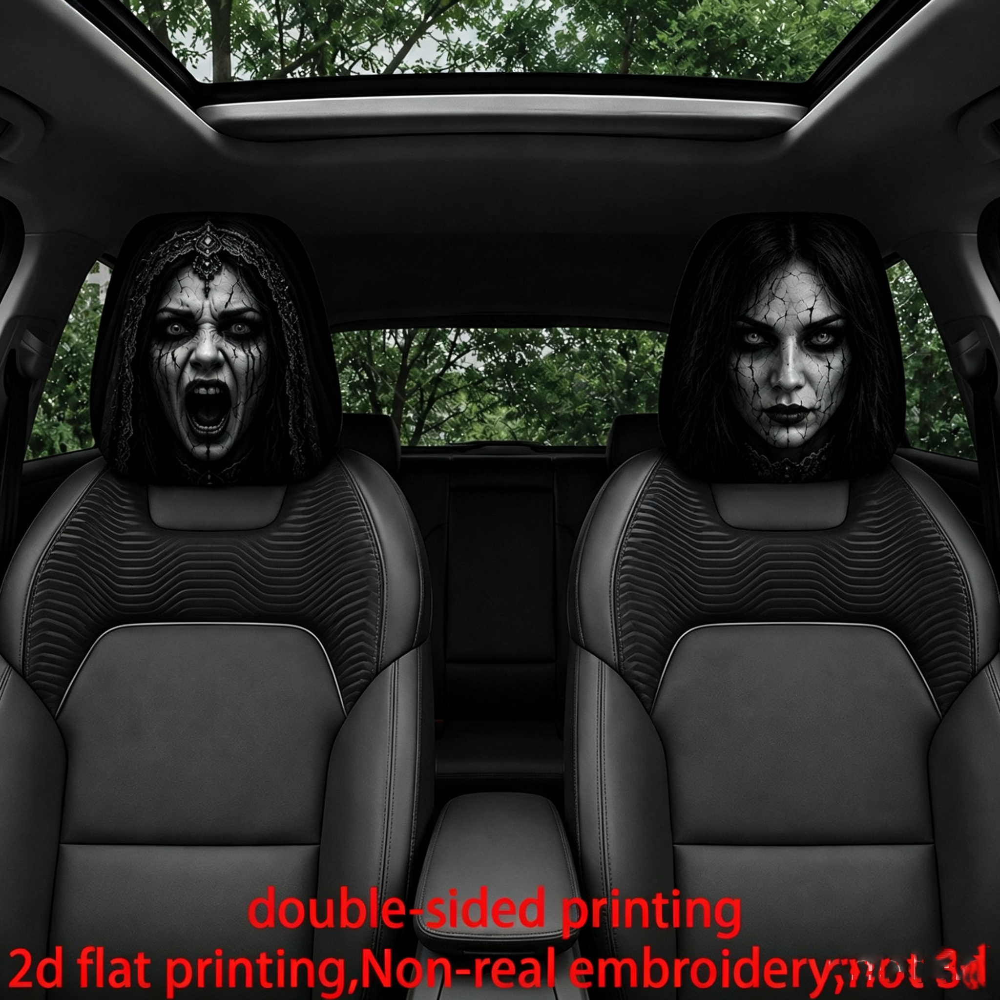 2pcs Car Seat Cover Set 2d Flat Double-sided Printing, Featuring Headscarf Screaming Dark Portrait Pattern, Gothic Halloween Horror Style, Enhancing And Atmosphere, Polyester High-elastic Fabric