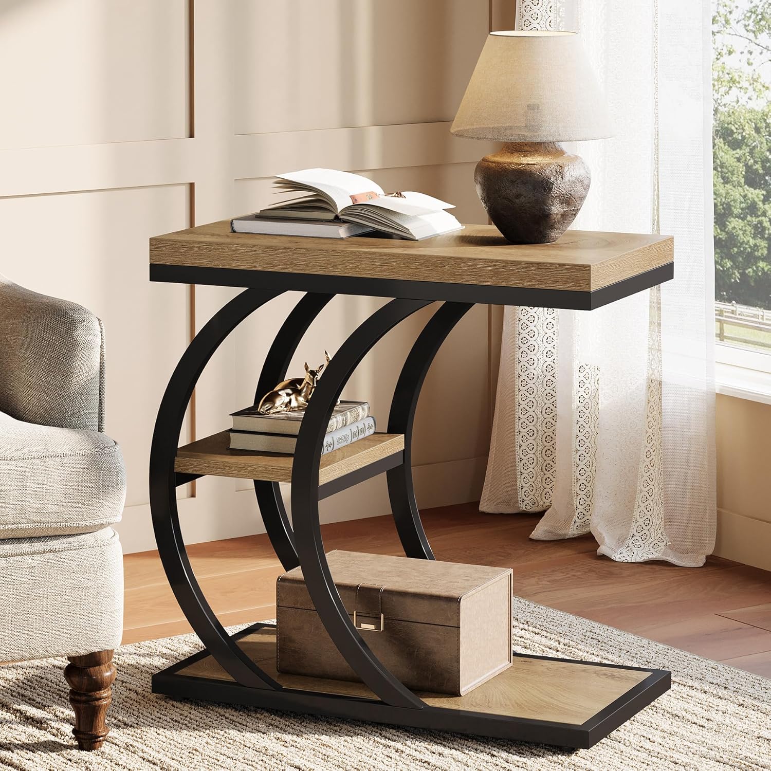 Image of End Table For Living Room, 3-tier Narrow Wood Couch Side Table With Storage, Industrial Nightstand For Bedroom, Small Spaces, Natural