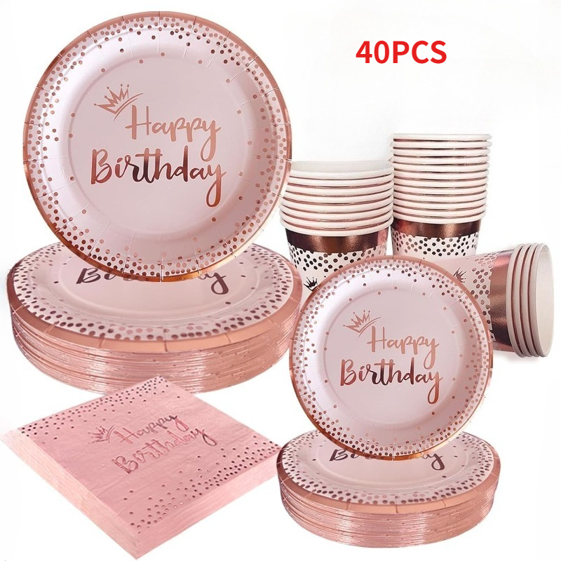 40pcs, Rose Golden Pink Happy Birthday Decoration Supplies Set, Rose Golden Dessert Plates, Napkins, Cups, Women's Birthday Party Decorations I Perfect For Halloween