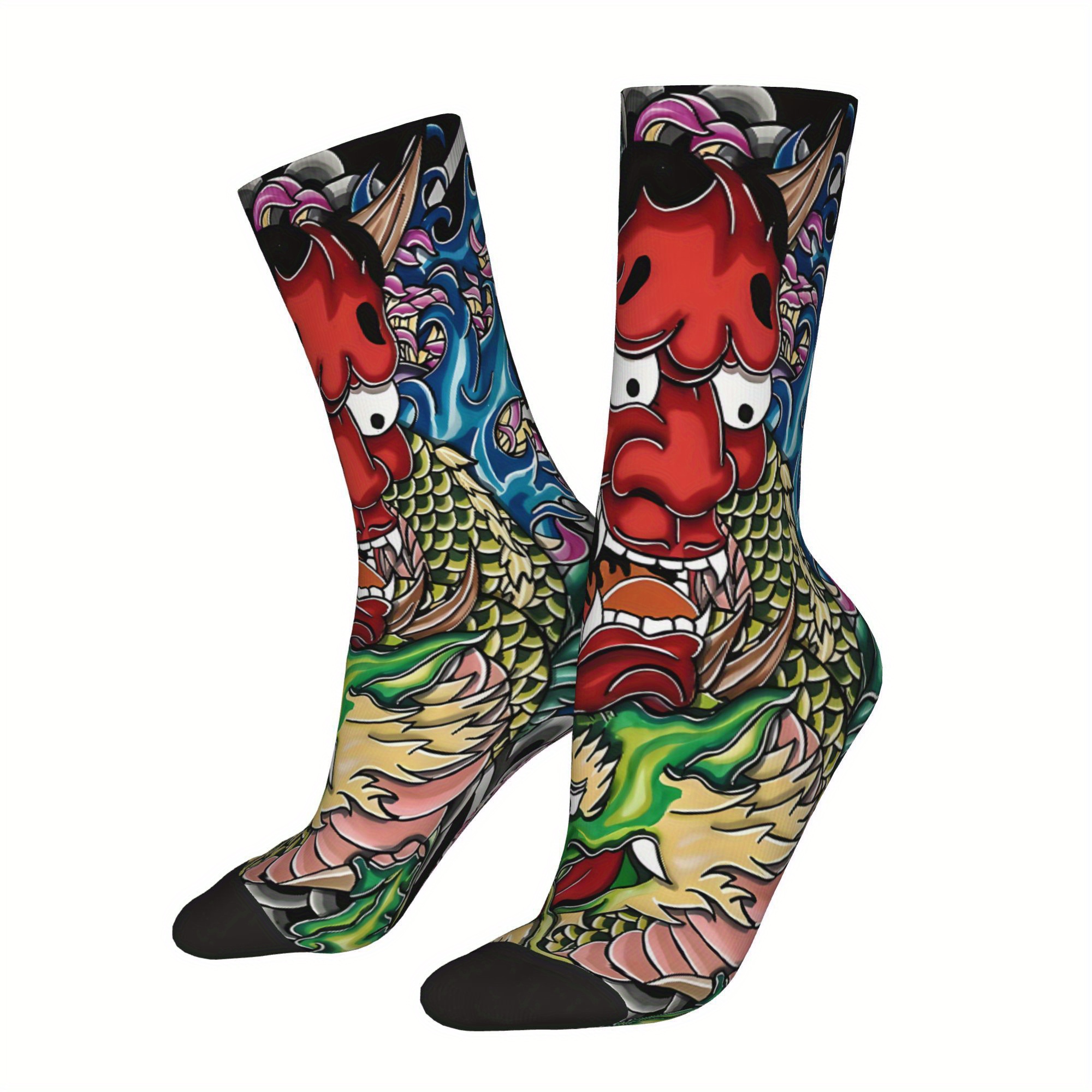 

Men's Novelty Socks - Funny Mask & Japanese Dragon Design, Retro Style, Christmas Gift, Christmas Decor